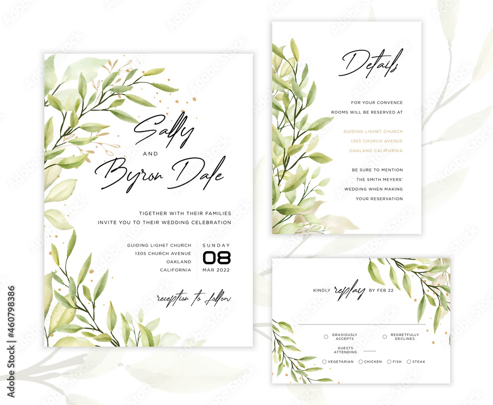 green beautiful floral leave wedding card invitation template