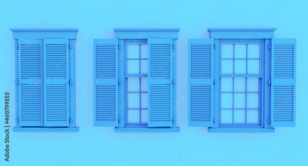 colorful blue opened and closed window isolated on blue background. colorful blue opened and closed window isolated on blue background.