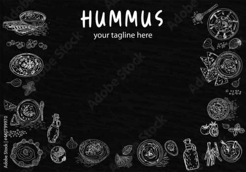 Hummus flyer template illustration. Hand drawn illustration. Pieces of hummus design template. Design element for poster, menu, flyer, banner, menu, package.