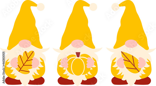 Three autumn gnomes vector illustration with pumpkin and leaves. Cute fall gnome cut file