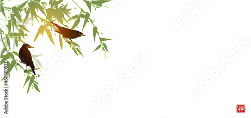 Birds sitting on green bamboo tree on white background. Traditional oriental ink painting sumi-e, u-sin, go-hua. Translation of hieroglyph - well-being.