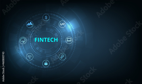 Fintech Financial technology concept.Icon Fintech and things on dark blue technology background represents the connection Financial technology and Investment. Business concept on virtual screen.