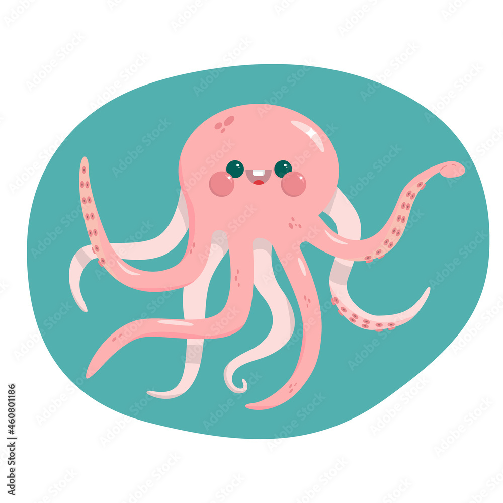 Obraz premium Happy smiling octopus. Smiling poulpe going to beach, summer concept. Brilliant underwater inhabitant have fun on the plage