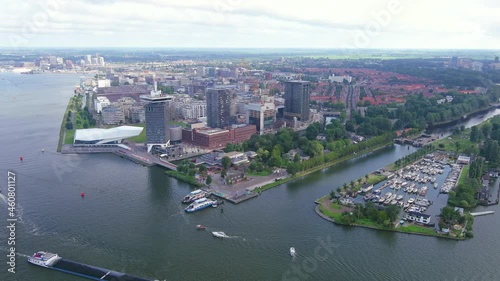 Amsterdam: Aerial view of capital city of Netherlands, modern urban residential area Overhoeks in Amsterdam-Noord, canals with lots of greenery - landscape panorama of Europe from above photo