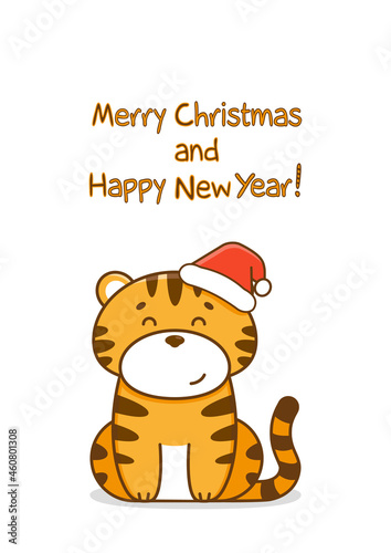 Tiger cartoon on white background. Merry Christmas and Happy New Year. Vector illustration.