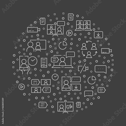 Online meeting circle concept made of thin line icons. Web conferencing, work from home, video communication, business process. Outline vector illustration for banner, poster, flyer or website