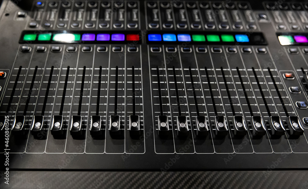 Audio sound mixer&amplifier equipment, sound acoustic musical mixing&engineering concept background. Sound mixer buttons control in recording room