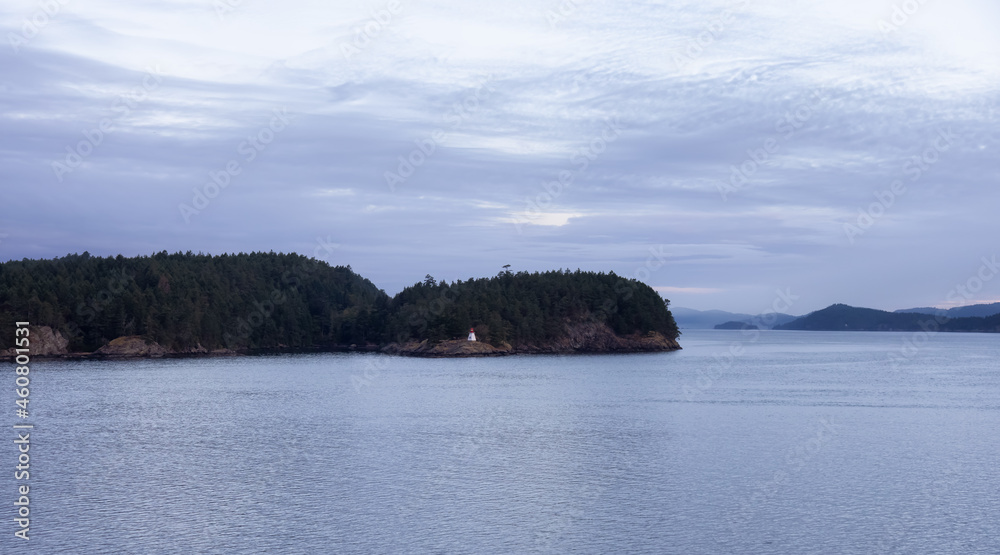 Gulf Islands on the West Coast of Pacific Ocean. Canadian Nature Landscape Background. Summer Sunrise. Near Vancouver Island, British Columbia, Canada.