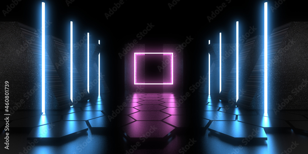Fototapeta 3D abstract background with neon lights. neon tunnel. .space construction . .3d illustration33