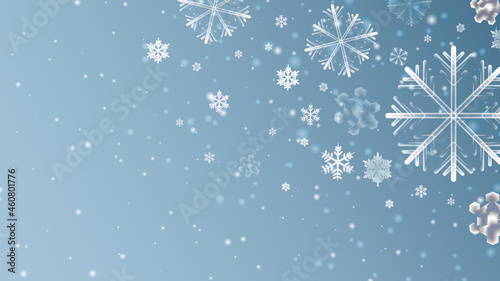 Winter blue background with snowflakes. Beautiful shining snowfalls vector Illustration. Perfect for backdrop, banner, poster, wishes card, advertisement, sale, greeting card, invitation and other.