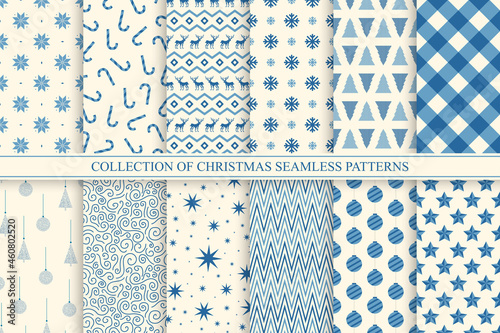Collection of christmas seamless patterns. Holiday endless blue and white backgrounds - vintage style. Beautiful celebration prints. Can be used as wrapping paper, textile covers, wallpaper, and etc
