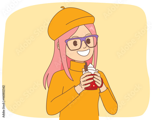 Young cute woman cartoon character holding hot pumpkin cinnamon spice latte drink during cold season concept