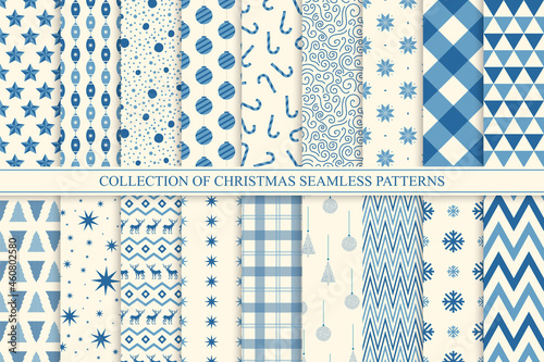 Collection of christmas seamless patterns. Holiday endless blue and white backgrounds - vintage style. Beautiful celebration prints. Can be used as wrapping paper, textile covers, wallpaper, and etc