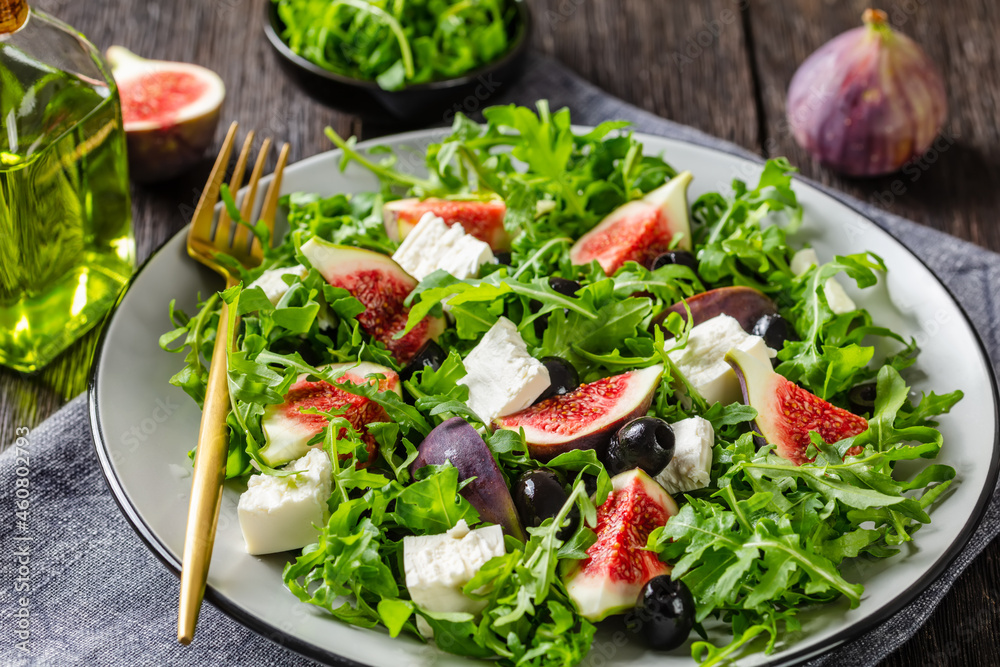 rocket figs feta and black olive salad, close-up