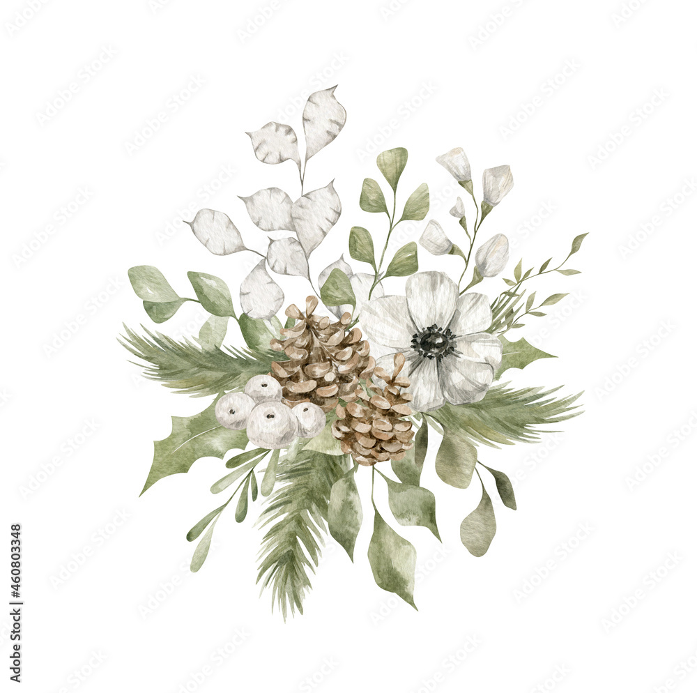Obraz premium Watercolor bouquet with green winter leaves, pine cone, branches, while leaf. Christmas bouquet isolated on white background. Aesthetic illustration for wedding, cards, promo. Blossom nature