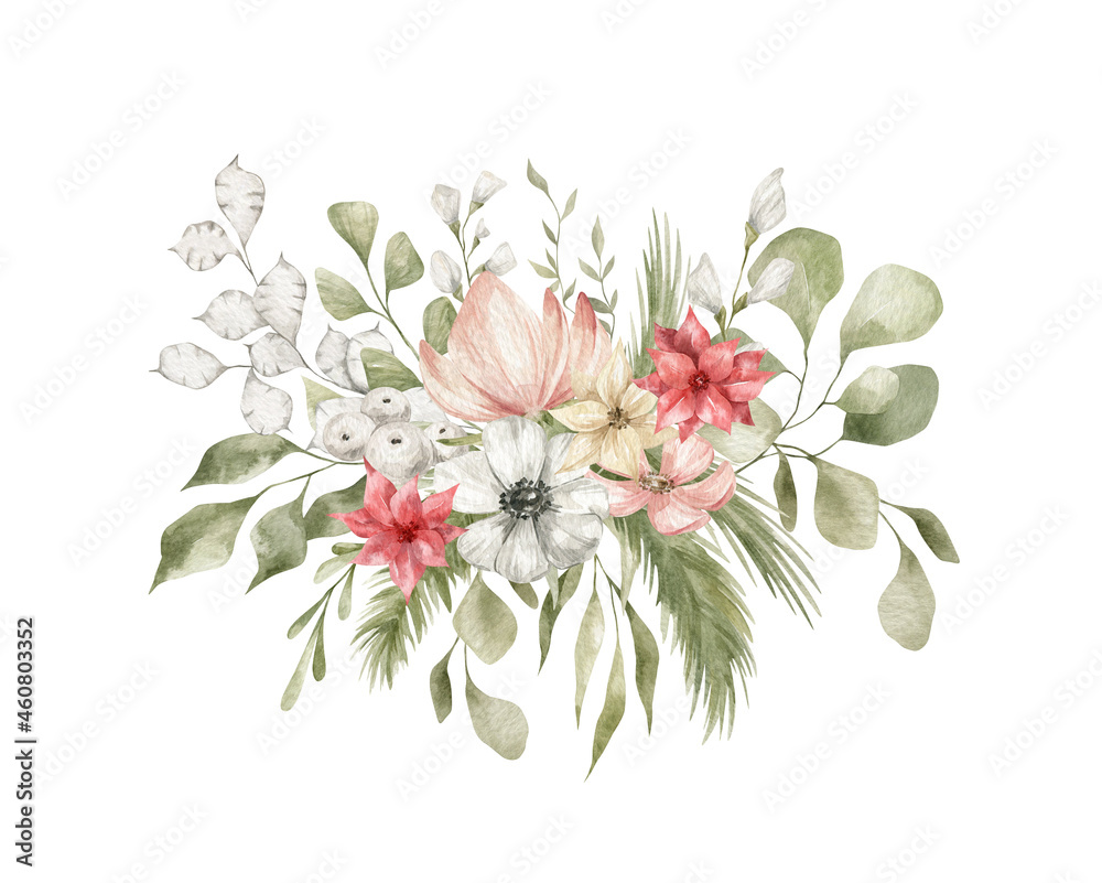 Watercolor bouquet with green winter leaves, pines, branches, red berries, flowers. Christmas bouquet isolated on white background. Aesthetic illustration for wedding, cards, promo. Blossom nature Watercolor bouquet with green winter leaves, pines, branches, red berries, flowers. Christmas bouquet isolated on white background. Aesthetic illustration for wedding, cards, promo. Blossom nature