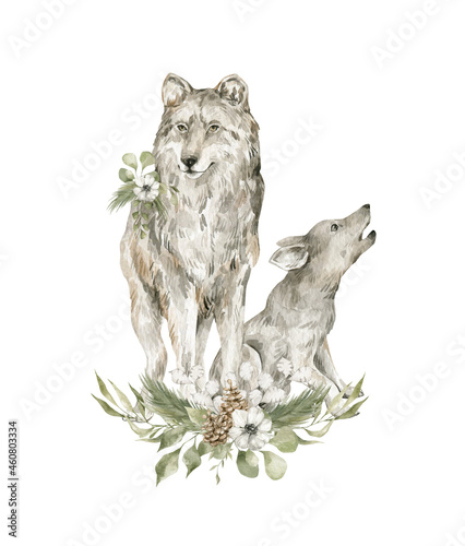 Watercolor grey wolfs and floral bouquet. Wild forest animals, bright leaves, flowers, plants. Nature wildlife 