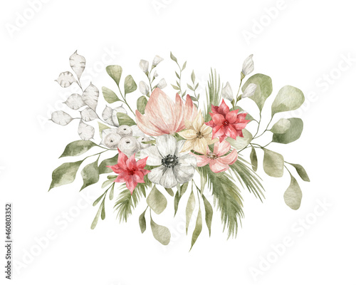 Watercolor bouquet with green winter leaves  pines  branches  red berries  flowers. Christmas bouquet isolated on white background. Aesthetic illustration for wedding  cards  promo. Blossom nature