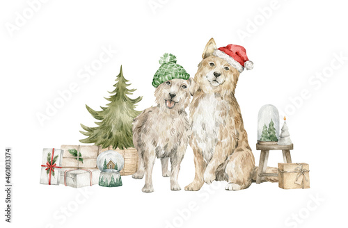Canvas Print Watercolor illustration with domestic dogs and Christmas tree