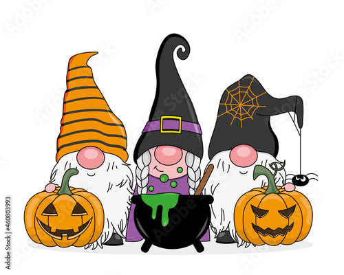 Three halloween gnomes with pumpkins and witch potion. isolated vector