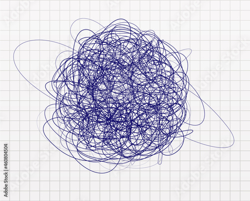 Doodles knot ball pen drawn, stain of chaotic lines on checkered paper sheet, school empty background for creative design, chaos symbol, hand drawing circle scribble scrawl. Vector illustration