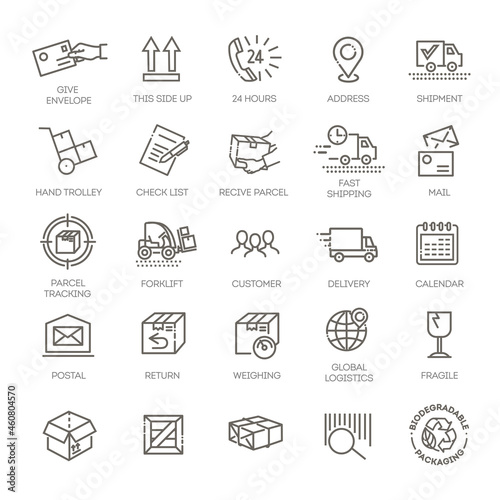 Collections of icons representing shipping, logistics, customer service, refunds and more