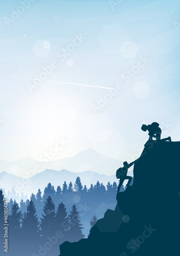 Girl on a mountain looks down at guy who climbs up. Hiking. Adventure. Travel concept of discovering, exploring and observing nature. Polygonal minimalist graphic flat design illustration.