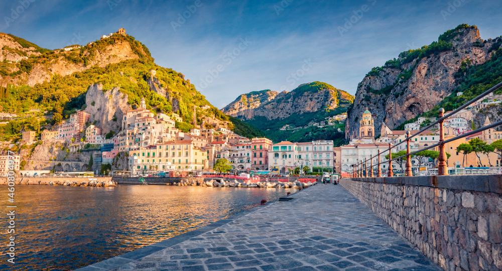 Bright summer view of Diocesano di Amalfi church. Panoramic morning cityscape of Atrani town, Italy, Europe. Stunning Mediterranean seascape. Traveling concept background..