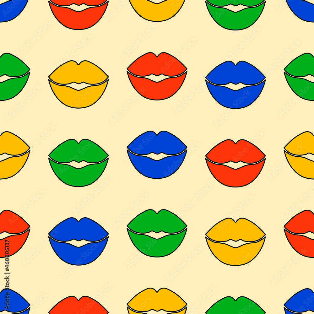 Multi-colored lip prints seamless pattern. Retro background with kisses. Interior design in vintage pin-up style. Vector illustration of blue, yellow, green and red lips. Template for fabric, packagin Multi-colored lip prints seamless pattern. Retro background with kisses. Interior design in vintage pin-up style. Vector illustration of blue, yellow, green and red lips. Template for fabric, packagin