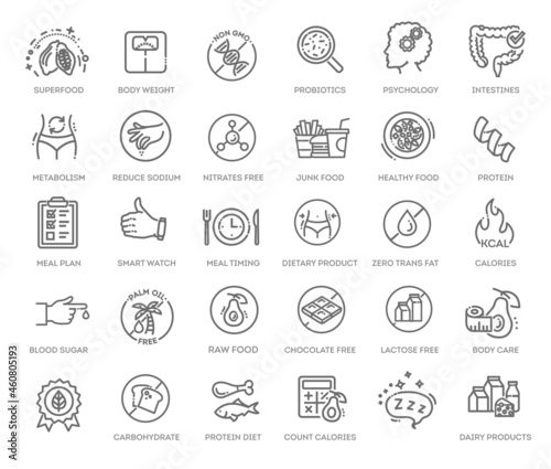 Web Set of Nutrition, Healthy food and Detox Diet Vector Thin Line Icons