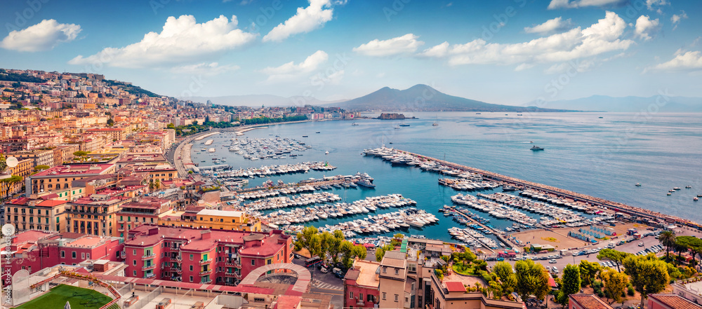 Colorful summer cityscape of Naples, Italy, Europe. Splendid seascape of Mediterranean seascape. Traveling concept background..