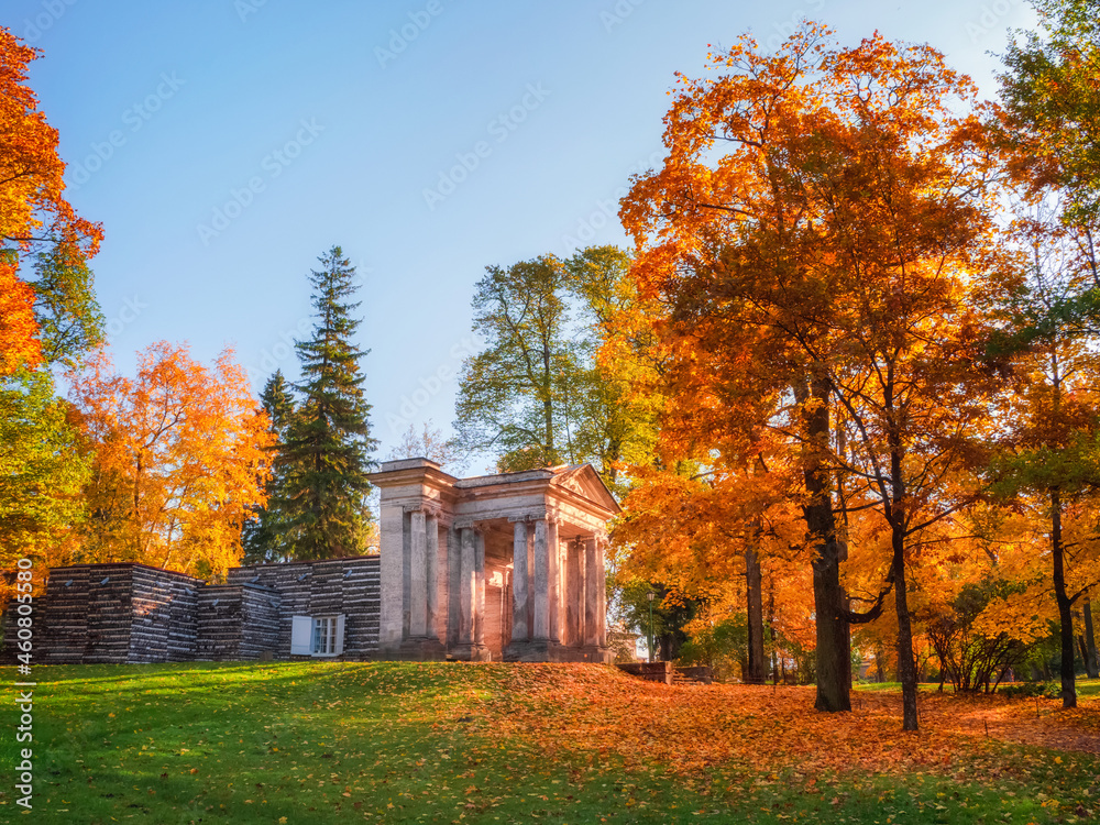 Bright autumn landscape with Birch House and The Mask Portal inThe State Museum Reserve Gatchina.