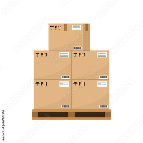 Crate boxes on wooden pallet. Stack of cardboard box for warehouse storage. Flat and solid color vector illustration.