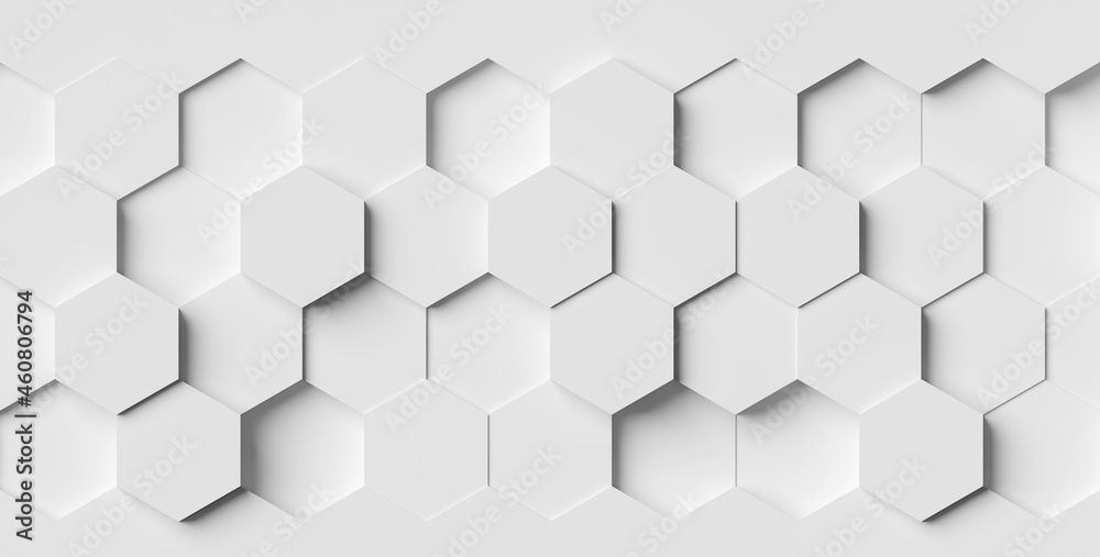 Fototapeta premium Modern minimal white random shifted beveled honeycomb hexagon geometrical pattern background close up flat lay top view from above