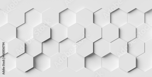 Modern minimal white random shifted beveled honeycomb hexagon geometrical pattern background close up flat lay top view from above