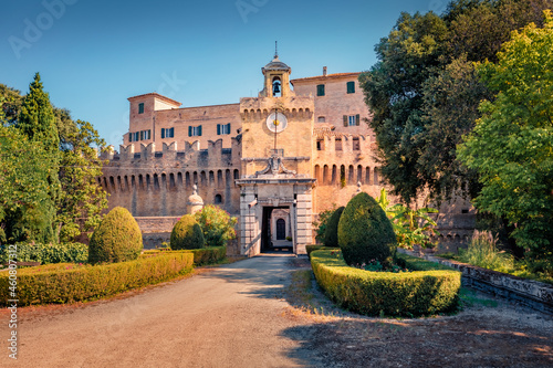 Gorgeous morning view of Rocca Priora Castle. Amazing summer cityscape of Fiumesino town, Italy, Europe. Traveling concept background.. photo