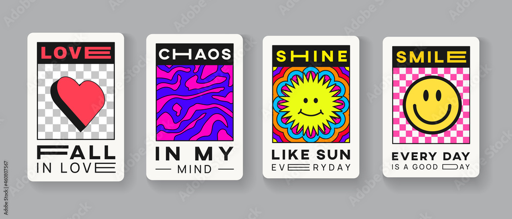 Set of Trendy Modern Abstract Patch Arts. Collection Of Cool Sticker Cards for Print. Love, Chaos, Shine and Smile Pins.