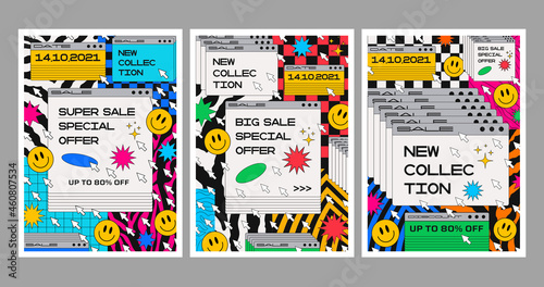 Set of Sale Promo Trendy Modern Posters. Retro 90s computer windows artwork. Psychedelic pop art.