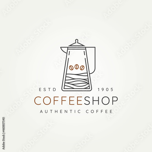 coffee shop with kettle and bean minimalist line art logo icon vector illustration design. simple modern teacup, hot coffee drink, vintage kettle logo concept