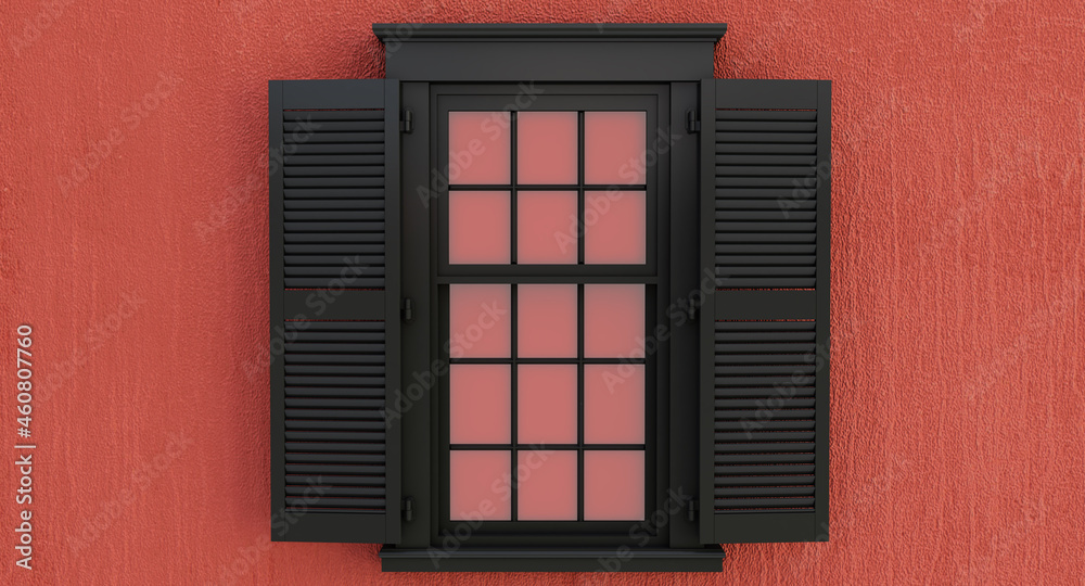 Obraz premium Black opened window isolated on red background.