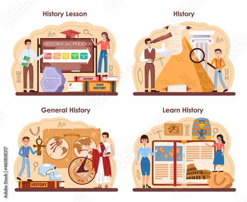 History lesson concept set. History school subject, knowledge of the past