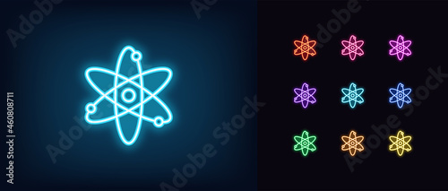 Outline neon atom icon. Glowing neon atom sign, logo science and physical structure
