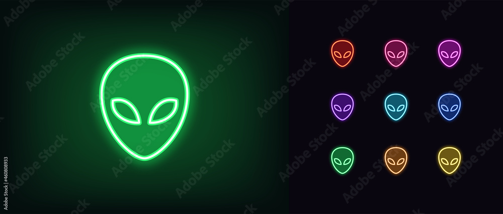 Outline neon alien icon. Glowing neon alien face, humanoid emoticon in vivid colors - obrazy, fototapety, plakaty 
