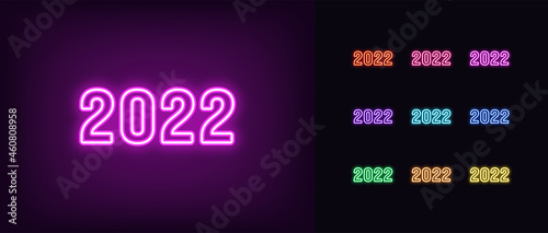 Outline neon 2022 year. Glowing neon 2022 icon, numbers in vivid colors