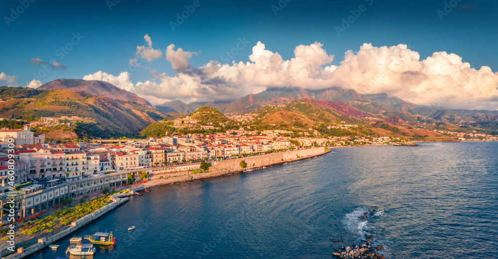 Splendid view from flying drone of Diamante port, Province of Cosenza. Colorful evening seascape of Mediterranena sea. Fantastic outdoor scene of Italy, Europe. Traveling concept background..