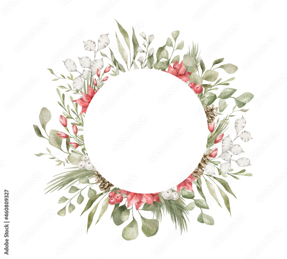 Watercolor frame with winter flowers and leaves. Aesthetic gentle wreath, pine cone, fir, eucalypt, berries. Frame for wedding invitation, card, web, promo. Christmas arrangement