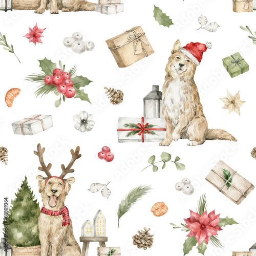 Fototapeta Naklejka Na Ścianę i Meble -  Watercolor seamless pattern with cute dogs in Santa hat and antler, Christmas tree, gift boxes, pine cone, red berries and flowers. Winter holiday illustration for wrapping, textile, background