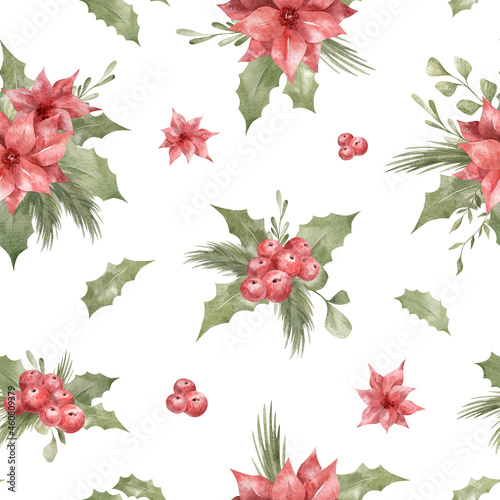 Watercolor seamless pattern with bright red winter flowers, berries and leaves. Poinsettia, Christmas flora. Winter holiday illustration for wrapping, textile, background