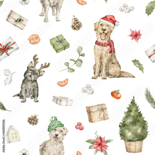 Canvas Print Watercolor seamless pattern with cute dogs in Santa hat and antler, Christmas tree, gift boxes, pine cone, oranges, berries and flowers