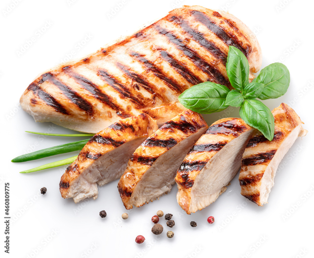 Grilled chicken fillet with herbs isolated on white background. - obrazy, fototapety, plakaty 